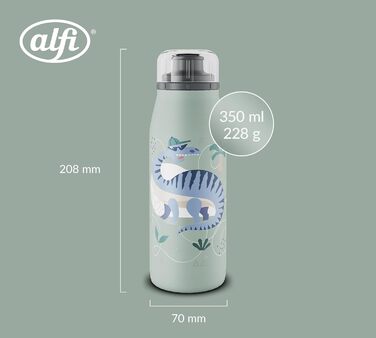 Дитяча термобутилка alfi KIDS ISO 350 мл, зелена з динозаврами, з нержавіючої сталі, ізольована, герметична, з гвинтовою кришкою, зберігає тепло 12 годин, холод 24 години, підходить для газованих напоїв, BPA-free