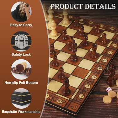 Набір для гри в шахи 3-в-1, дерев'яний, магнітний, 34 x 34 см. Шахи для дітей, для ігор, сімейних вечірок