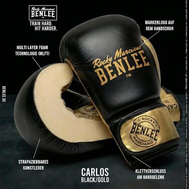 Боксерські рукавички BENLEE Carlos 16oz чорно-золоті для тренувань (бокс, кікбоксинг, спаринг) з гелевою накладкою та липучкою