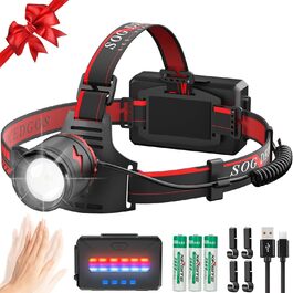 Ліхтар налобний Sogdeco Superhell 3000 Lumen LED з датчиком, 11 режимів, акумулятор 7800mAh, регулювання 90°, для кемпінгу, риболовлі, бігу, чорний