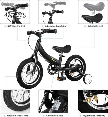 YBIKE 2-в-1: Біговел та дитяче велосипед, 12/14/16 дюймів, з гальмом та педалями, для дітей 1-7 років (Чорний, 16 дюймів)