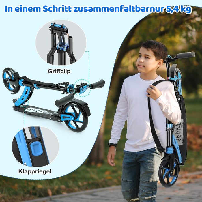 TONBUX Роликовий самокат для дітей 6-9+ років, дорослих, алюмінієвий, з подвійною підвіскою, регульована висота, складаний, блакитний, до 100 кг