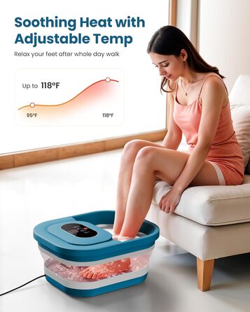 Зручне ванночка для ніг Comfier з масажем, підігрівом та функцією бульбашок | Складаний масажер для ніг | Вібрація, функція бульбашок, таймер, пемза для педикюру, 35°C-48°C, 8 Shiatsu роліків (Чорний, Синій)