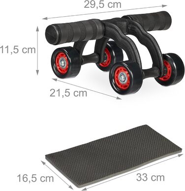 Ролер для пресу Relaxdays з 4 колесами, тренажер для дому, для жінок та чоловіків, чорний/червоний