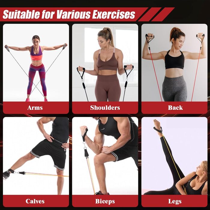 Набір еластичних стрічок для фітнесу, 5 стрічок різного рівня опору, з ручками, кігтями для ніг, фіксатором для дверей та сумкою, для пілатесу, йоги та силових тренувань