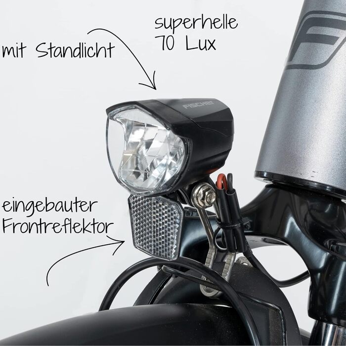 LED-фара для велосипеда FISCHER 70 LUX з функцією габаритного світла та автоматичним датчиком сутінків, динамо-генератор