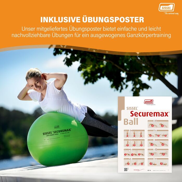 Фітбол SISSEL SECUREMAX, до 500 кг, 100% ПВХ, для фітнесу та терапії, антивибухова система, з постером і знімачем пробки