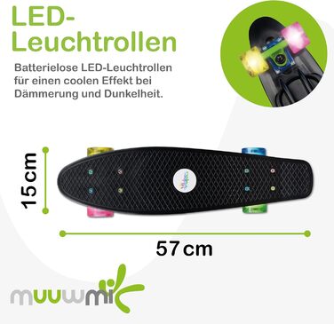 Скейтборд Muuwmi Fun - Дошка 57x15 см, Підшипники ABEC 5, PU Колеса 60x45 мм, Чорний