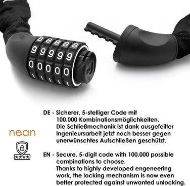 Замок для велосипеда Nean з кодом та високим рівнем безпеки, ланцюговий замок, код-комбінація, посилені сталеві ланки, 6 мм x 900 мм, чорний
