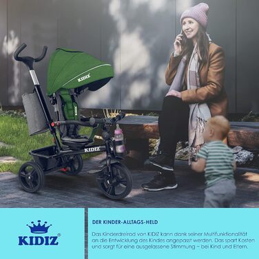 Дитяче триколісне велосипед KIDIZ 6in1 з батьківською ручкою, корзиною та сонцезахистом. Підходить для дітей від 9 місяців. Можливість руху вперед та назад. Сірий (Хакі)