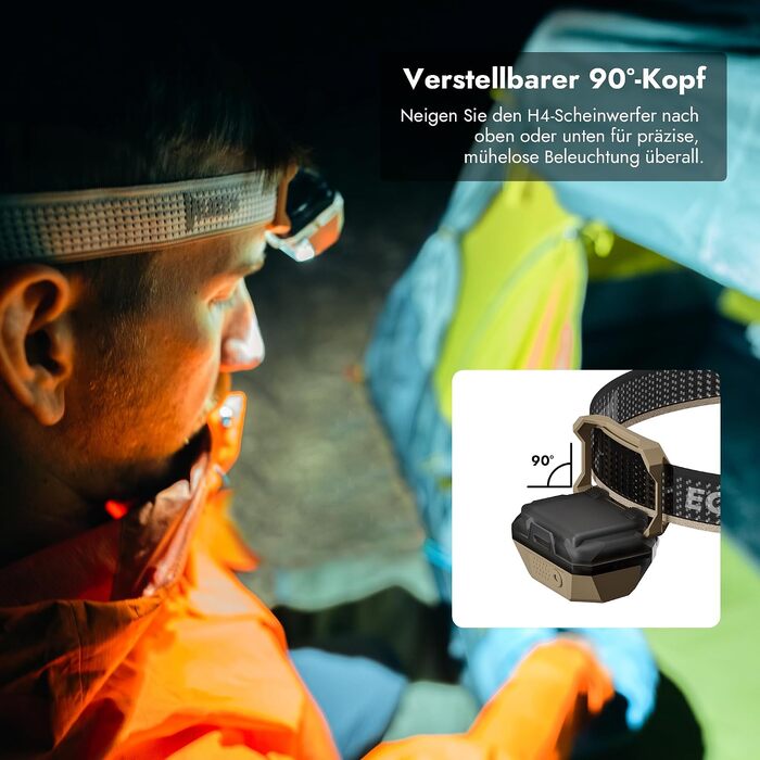 Налобний ліхтар WUBEN H4 LED, акумуляторний, 800 люмен, 10 режимів роботи з червоним світлом, колір Khaki