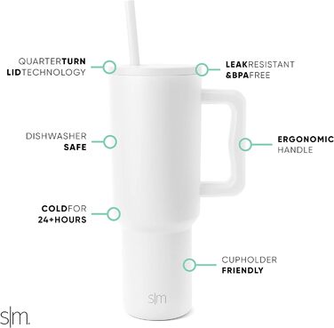 Термокружка Simple Modern з ручкою та трубочкою, 1180 мл, ізольована сталева пляшка для води, кави, подорожей, подарунок для жінок і чоловіків, колекція Trek, білий колір