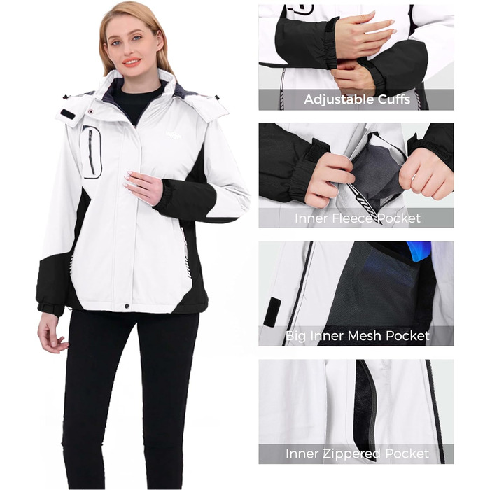 Жіноча гірськолижна куртка Wantdo, тепла флісова куртка, водонепроникна, дихаюча, з капюшоном, вітрозахисна, біла