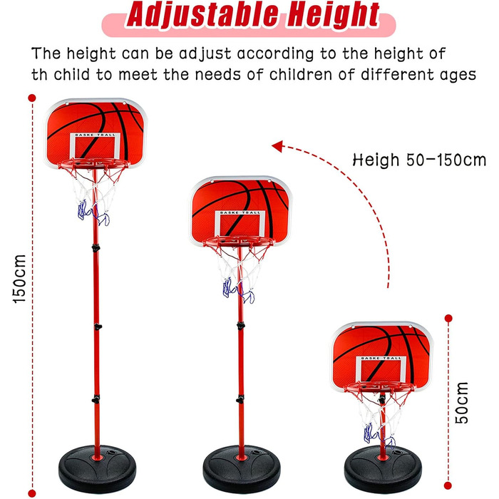 Дитячий баскетбольний кошик AolKee з регульованою висотою, 50-150 см, з м'ячем, сіткою та насосом