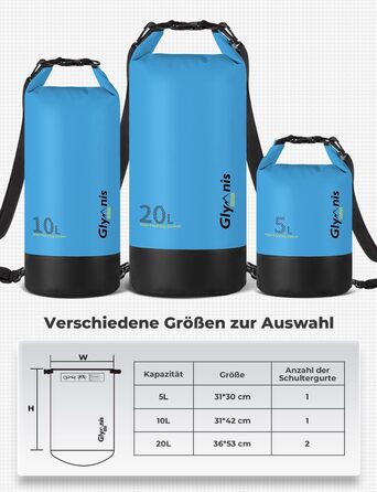Водонепроникний мішок Glymnis Dry Bag 10L/20L: Сумка для водного спорту, пляжу, кемпінгу (Блакитний)