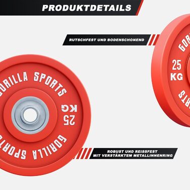 Бамперні диски GORILLA SPORTS 50 мм, гумовані, 5-25 кг – олімпійські вагові плити з чавуну для штанги