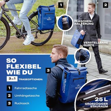 Велосумка Velohype 3-в-1 для багажника, рюкзак, водонепроникна 25 л, відбивна, з сіткою для шолома, карбон-синя, міцний матеріал Hydroguard