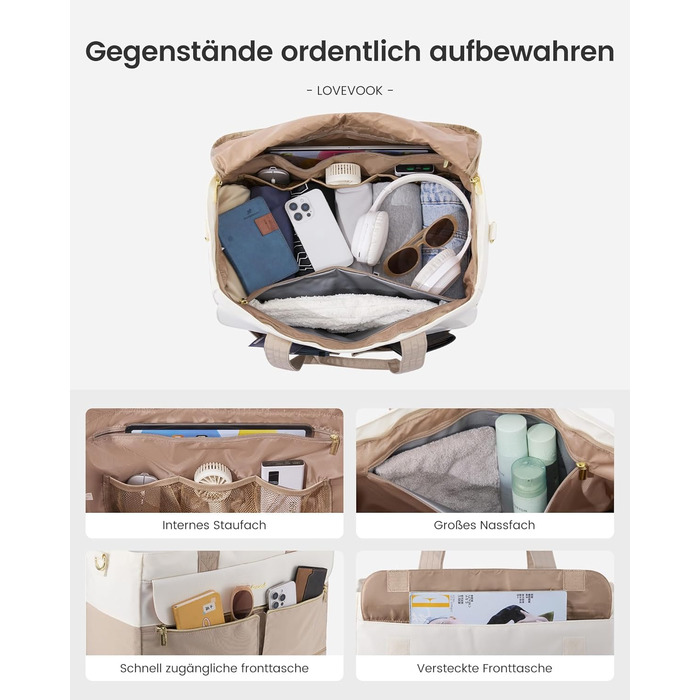 Спортивна сумка LOVEVOOK Weekender 45L з відділенням для взуття та мокрих речей, для подорожей, спортзалу, пологового будинку, ручної поклажі (зелено-бежева)