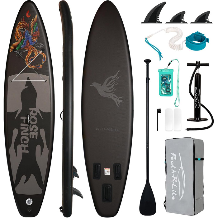 Надувний SUP-борд FEATH-R-LITE для дорослих: комплект з насосом, рюкзаком, лійкою та регульованим веслом (PHÖNIX-Grey)