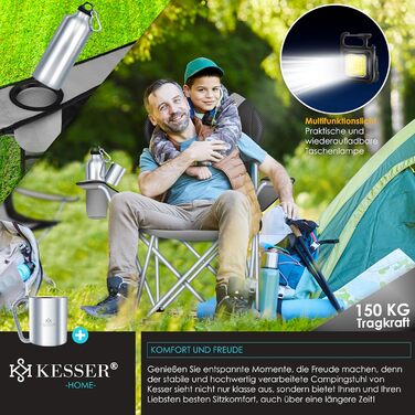 Крісло для кемпінгу KESSER® з підлокітниками, високою спинкою, місткістю до 150 кг, сіре/чорне, з підсвіткою та тримачем для напоїв