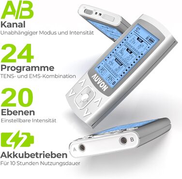 Пристрій TENS EMS AUVON: 2 канали, 24 режими, 12 електродів для зняття болю та масажу спини та шиї