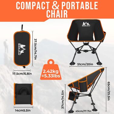 Складний туристичний стілець JONRRYIN з двома кишенями та регулюванням висоти для відпочинку на природі, пікніків та пляжу (чорний/помаранчевий)