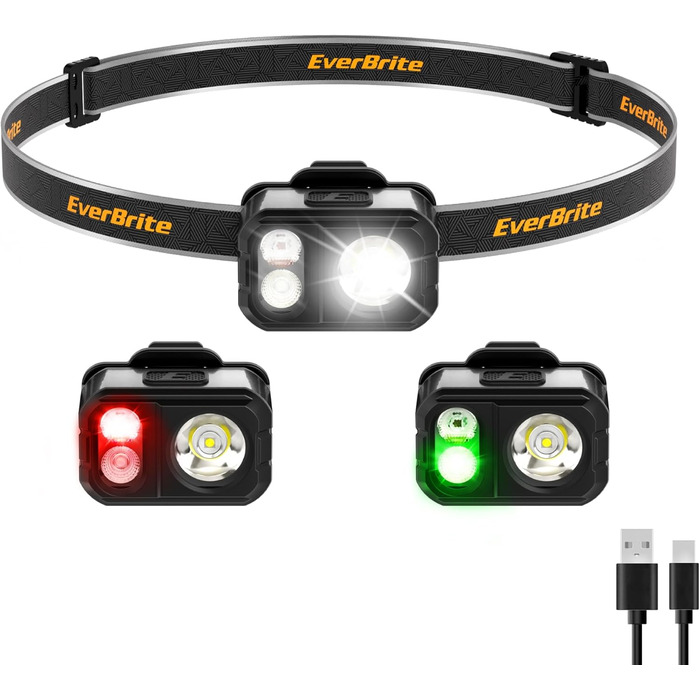 EverBrite LED налобний ліхтар: перезаряджуваний, 45г, IP67, 7 режимів, червоне/зелене світло для бігу, походів, кемпінгу (сірий)