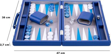 Набір для гри в кістки Енгельхарт Люкс 38 см - преміум якість, шкірозамінник, спеціальне покриття з фільцу, перламутрові кубики та фішки + 2 стаканчики - професійний та для дому, блакитний