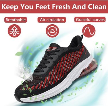 Кросівки для чоловіків та жінок: спортивні, легкі, з повітряною подушкою, для бігу та фітнесу, дихаючі, розміри 36-47 EU, чорний та червоний кольори