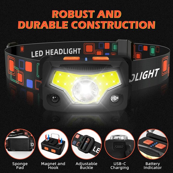 LED налобний ліхтар з акумулятором, 2 шт., 2000 люменів, супер яскравий, сенсор, 14 режимів, водонепроникний, легкий, для риболовлі, бігу, кемпінгу