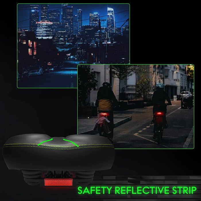 Широке велосипедне сідло Oversized для жінок та чоловіків. Комфортне, водонепроникне сідло з світловідбивальною смугою. Підходить для Peloton, фітнес-велосипедів, круїзерів та міських велосипедів. Чорний / білий (чорний / зелений)