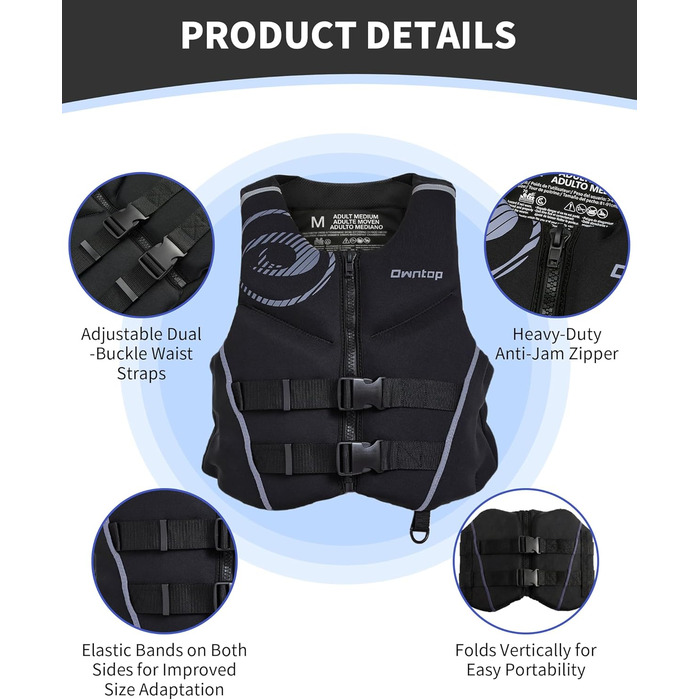 Спасальний жилет Owntop для дорослих XL | Легкий неопреновий жилет | Подвійний захист, для риболовлі, каякінгу, водних видів спорту сірий