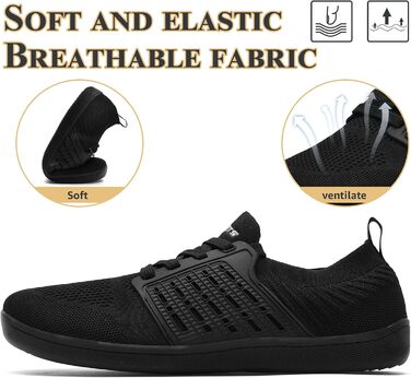 ASHION Взуття для ходьби та бігу без шкарпеток (унісекс), широка модель, чорний колір, 41 EU