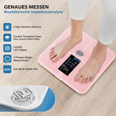 Електрична вага для вимірювання складу тіла ABLEGRID з LED-дисплеєм, рожева. Вимірює жир, м'язи, BMI, частоту серця та інші параметри (16 показників). Макс. вага: 180 кг