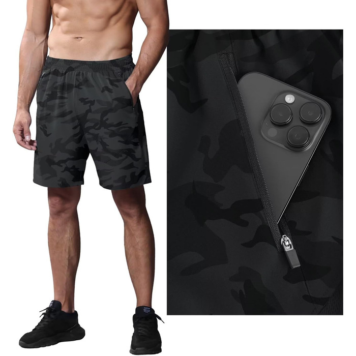 Шорти спортивні чоловічі HMIYA, шорти для бігу, дихаючі, з кишенею на блискавці, камуфляж сірий (6XL)