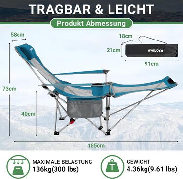 WEJOY Кемпінговий стільчик 2-в-1, складний, з регульованою спинкою та підставкою для ніг, розслаблюючий крісло-лежак з тримачем для напоїв, стільчик для риболовлі на відкритому повітрі, для кемпінгу, сітка, 1 шт., блакитний/сірий