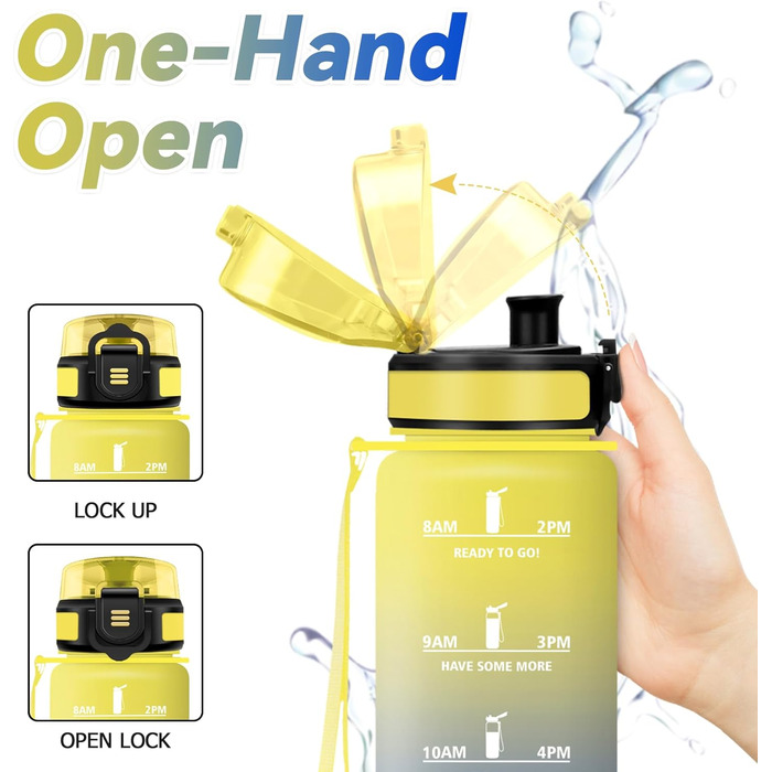 Спортивна пляшка для води 1л з маркуванням часу, фільтром, для напоїв з газом, без витоку, для велосипеда, бігу, дорослих (жовто-королівсько-блакитна)