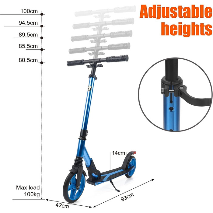 Скутер Lamborghini Tretroller Cityroller з великим колесом, складаний, регульована висота, для дорослих та дітей, з підставкою, передньою амортизацією та гальмом на задньому колесі, синій, до 100 кг