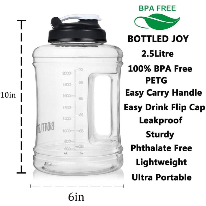 Спортивна пляшка для води Vennerli 2,5 л з мірною шкалою та ручкою, витокозахисна, чорна, прозора