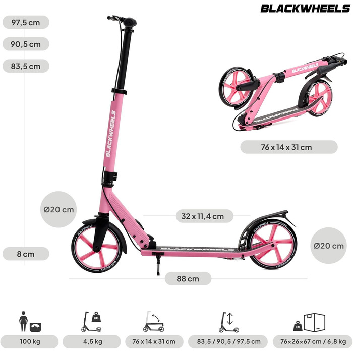 Самокат Blackwheels Orio Cityroller 200мм: складаний, алюмінієвий, з регулюванням висоти, ремінцем, ABEC 7, антиковзким деком (Чорно-Рожевий)