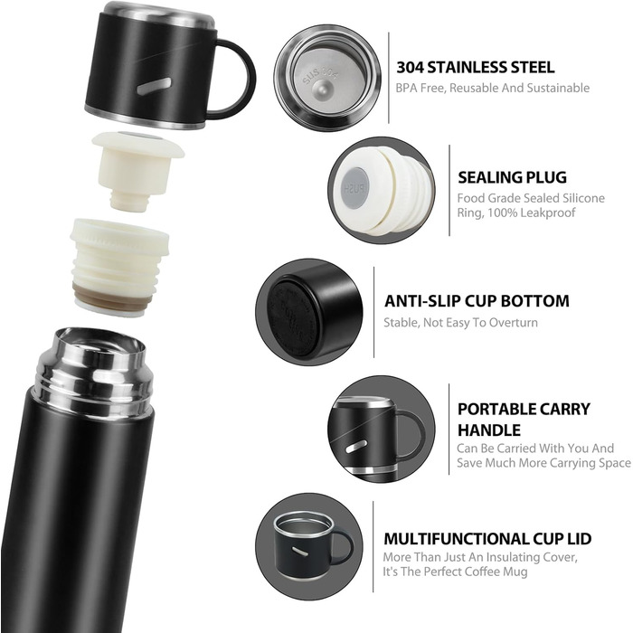 Термос IAGORYUE з нержавіючої сталі, 0.55л, з витокозахисним кришкою та ручкою, двостінний, зберігає тепло/холод до 12 годин, для спорту, офісу, відпочинку на природі, чорний