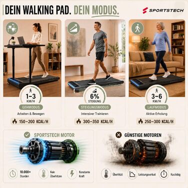 Бігова доріжка Sportstech sWalk Lite Walking Pad для дому та офісу, нахил 6%, до 6 км/год, LED-дисплей, керування через додаток та пульт, компактна, до 150 кг, чорна