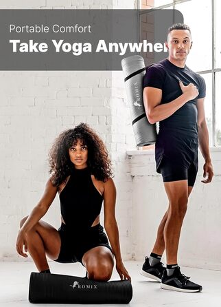 ROMIX Килимок для йоги 183x80 см, 10-15 мм товщина, неслизький, екологічний, гіпоалергенний, без латексу, сірий, для дому та подорожей