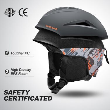 Шолом для сноуборду та лиж Odoland з маскою: захист UV 400, чорний + помаранчевий, розмір L (60-61 см)