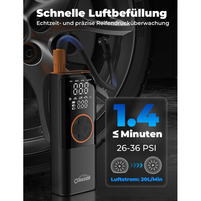 Електричний компресор Oasser з акумулятором 6000mAh, 150 PSI, з двома дисплеями, для авто, мото, велосипеда, м'ячів, подорожей та кемпінгу