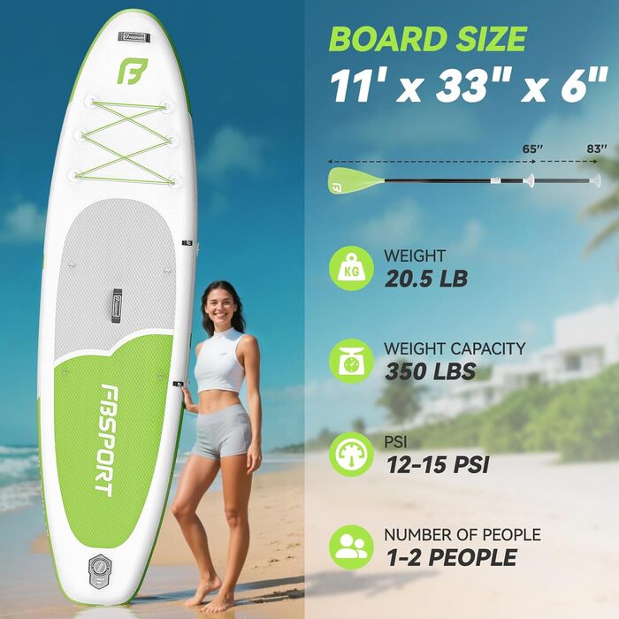 FBSPORT SUP дошка Stand Up Paddle 335 см для дорослих, надувна, з антиковзким покриттям, комплект з веслом, насосом та аксесуарами для йоги, подорожей та серфінгу (Фруктів зелений)