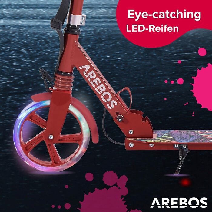 Самокат Arebos з LED, складаний, висота регулюється, з ручним і ножним гальмом, для дітей і дорослих, до 100 кг, з ременем для перенесення