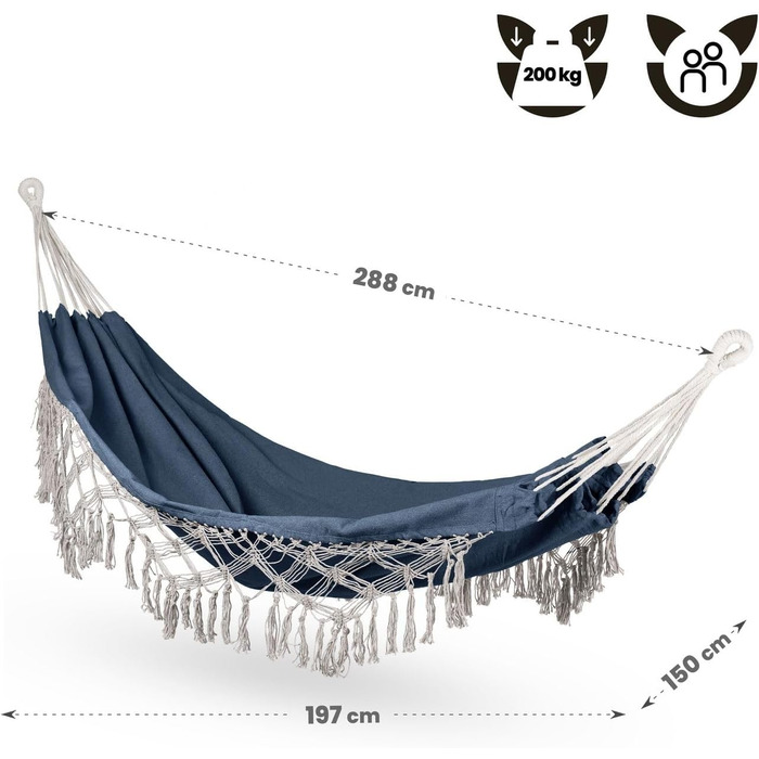 Гамак подвійний 200x150 см, до 200 кг, бавовна, блакитний, Boho стиль, для саду, балкону, тераси, дитячий та дорослий