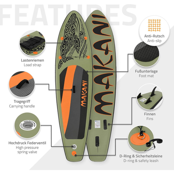 Надувна SUP-дошка ECD Germany 305-380 см, до 150 кг, комплект із сидінням для каяка, сумкою та веслом, різні моделі