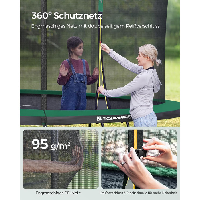 Трамплін SONGMICS для саду, Ø 244/305/366/427 см, круглий, з сіткою безпеки та сходами, захисною обшивкою, м'яким каркасом (427 см, Чорний + Темно-зелений)